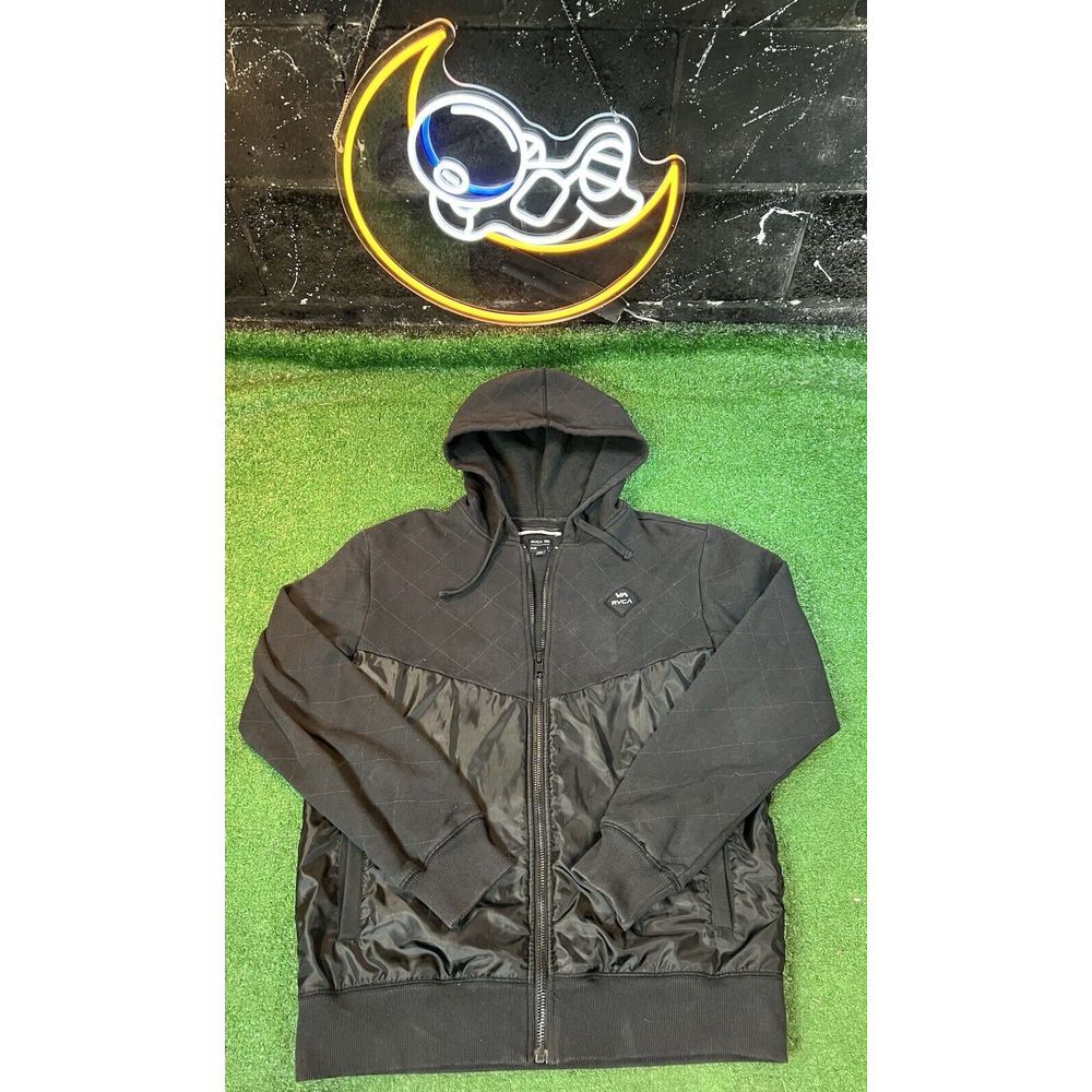 RVCA Full Zip Up Black Quilted Hoodie Sweatshirt Men's Size‎ LG Slim